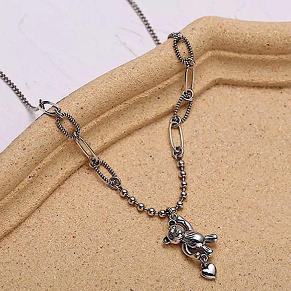 Sterling Silver Teddy Bear Charm Pendant Punk Necklace - Picture 4 of 6